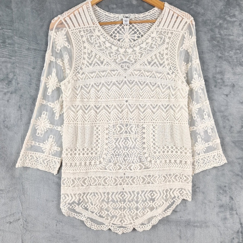 Womens Top Small Boho Crochet Lace Mesh Peasant Sheer Festival Embroidered Fairy